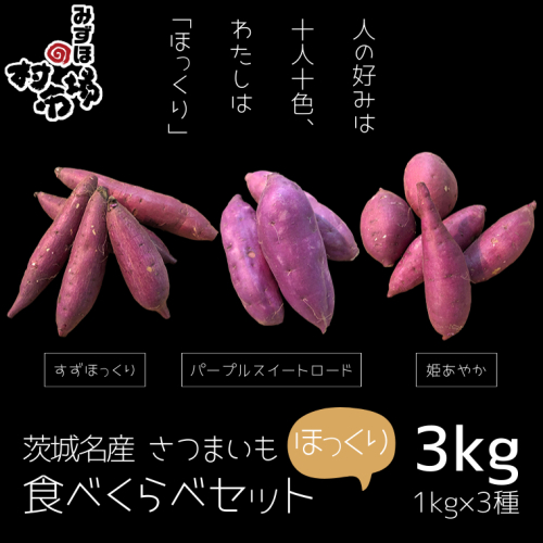 茨城名産 さつまいも 食べくらべ セット【ほっくり】 1kg × 3種　3kg サツマイモ 芋 詰合せ 野菜 スイーツ 焼き芋 紫芋 すずほっくり パープルスイートロード 姫あやか 835822 - 茨城県牛久市