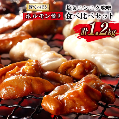 BG154 超希少部位 豚てっぽう 塩 & ニンニク味噌 ホルモン焼き 食べ比べ セット 計1.2kg（300g×2種×各2パック） [豚 ホルモン 豚ホル 焼肉 テッポウ 直腸 塩 味噌 冷凍] 873975 - 長崎県島原市