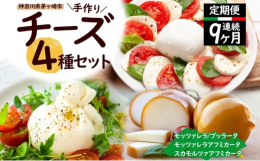 【配送不可：離島】全9回定期便 毎月お届け チーズ4種×9回 計24個お店の工房で毎日手作り！神奈川県産の牧場の牛乳を100%使った自家製モッツァレラチーズを含めた自慢のチーズ4種をお届けします！エッ