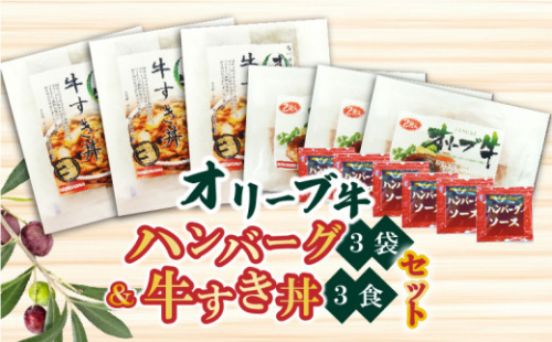 M04-0050_香川県産黒毛和牛 オリーブ牛 ハンバーグ3袋(100g×6枚入)&牛すき丼3食セット  　冷凍 おかず　レトルト 食品