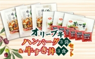 M04-0050_香川県産黒毛和牛 オリーブ牛 ハンバーグ3袋(100g×6枚入)&牛すき丼3食セット