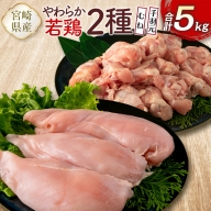 宮崎県産鶏肉 やわらか若鶏2種（むね・手羽元）合計5kg【A285】