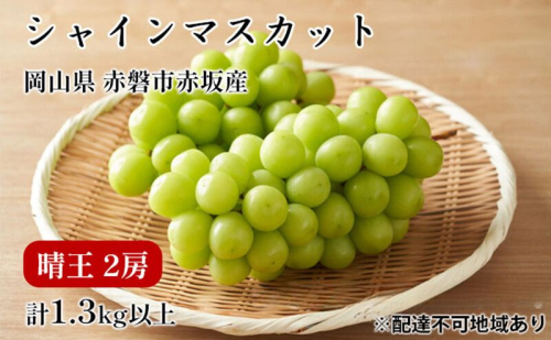 ぶどう 2024年 先行予約 シャイン マスカット 晴王 2房 合計1.3kg以上 2024年9月上旬～9月下旬発送分 ブドウ 葡萄 岡山県 赤磐市産 国産 フルーツ 果物 ギフト 赤坂青空市 906959 - 岡山県赤磐市