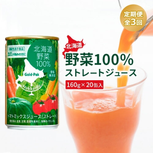 『定期便：全3回』北海道野菜100% ストレートジュース160ｇ×20缶入【060012】