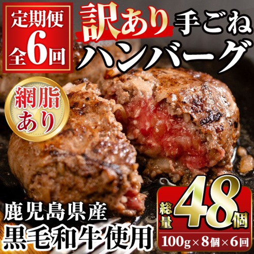 ＜定期便・全6回(隔月)＞＜訳あり＞鹿児島県産黒毛和牛！手ごねハンバーグ(合計48個・100g×8個×6回) 国産 牛肉 小分け おかず 惣菜 個包装 ご自宅用 エコパッケージ 冷凍ハンバーグ【スーパーよしだ】a-72-6-z 921621 - 鹿児島県阿久根市