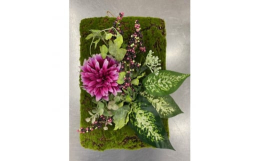川西町のシンボルダリアの造花を使用したインテリアアートフラワーです。造花を使用していますので、お手軽にご利用いただけます。なんといっても、約250gと軽量で壊れにくい点も魅力の一つです。ご自宅の一室に