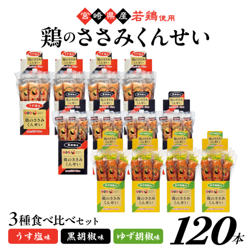 鶏のささみくんせい 3種食べ比べ 120本セット ＜うす塩・黒胡椒・ゆず胡椒 ＞ おつまみ スモーク チキン 燻製 ささみ燻製 鶏肉 おつまみセット 酒の肴 ビールのおとも 晩酌 家飲み 宅飲み 高たんぱく 低脂肪 ヘルシー おやつ 保存食 常温保存 父の日 敬老の日 贈り物
 928291 - 宮崎県綾町