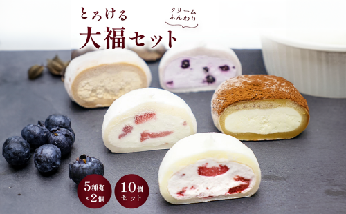 菓風のとろける大福10個セット 5種類×各2個 〈 いちご 練乳いちご チョコ生 ブルーベリー ティラミス 〉【 人気 スイーツ 生クリーム 大福 フワフワ とろける お取り寄せ お菓子 洋菓子 和菓子 個包装 】