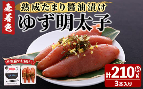 プチプチ粒感！熟成 たまり醤油漬け 無着色 ゆず明太子3本入り(計約210g)明太子 魚介 海鮮 魚卵 柚子 ゆず 醤油 醤油漬け＜離島配送不可＞【ksg1242】【フィッシャーマンズクラブ】