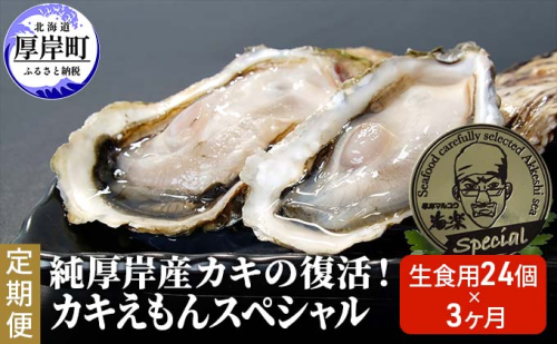 3ヵ月 定期便 純厚岸産カキの復活　カキえもんスペシャル 生食用 24個お届け 厚岸町で一番小さい牡蠣 (合計約72個) カキナイフ付き 牡蠣 かき 952446 - 北海道厚岸町