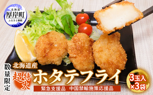 【緊急支援品】【中国禁輸施策応援品】 数量限定 北海道産 超特大 ホタテフライ 3玉入×3袋 帆立  ほたて 簡単 おかず 魚貝 加工食品 大きなホタテ ジューシー 油で揚げるだけ 惣菜 揚げ物 つまみ お弁当 帆立のフライ 大きめ  952545 - 北海道厚岸町