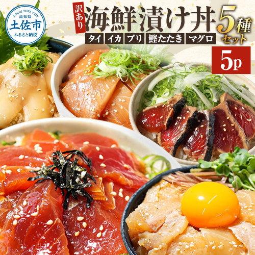 訳あり 海鮮漬け丼 （5種×各1P）計5P セット マグロ 鯛 イカ ブリ 鰹のたたき 海鮮丼セット 漬け丼 海鮮丼 漬け づけ丼 食べくらべ 漬け丼の素 海鮮丼の具 海鮮セット まぐろ いか ぶり 鯛 かつおのたたき 鰹タタキ 訳アリ 不揃い 規格外 わけあり 食べ比べ 海鮮 魚介類 水産加工品 冷凍 食品 保存食 鯛茶漬け 小分け 一人暮らし 簡単 高知 惣菜 7000円 954711 - 高知県土佐市