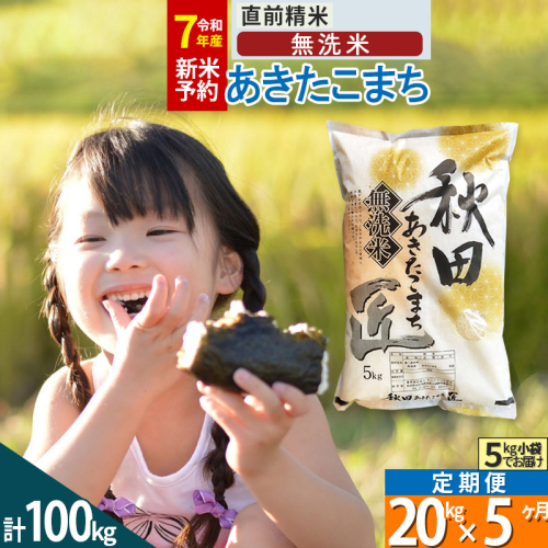 【無洗米】＜令和7年産 新米予約＞《定期便5ヶ月》秋田県産 あきたこまち 20kg (5kg×4袋) ×5回 20キロ お米  新米 964964 - 秋田県仙北市