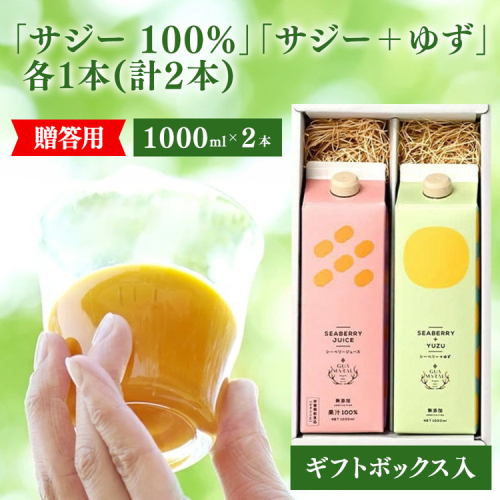  サジージュース 100%と+ゆず 1000ml×各1本セット（計2本）［ギフト用］ | サジージュース 定期便 サジー シーベリー 沙棘 グアマラル 健康ドリンク ドリンク ジュース 健康 美容 栄養 果汁 鉄分補給 栄養補給 健康食品 セット  贈答 贈り物 プレゼント ギフト 茨城県 古河市 送料無料 _DX13 965177 - 茨城県古河市