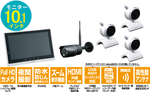 防犯カメラ 10.1インチモニター&ワイヤレスHDカメラ(屋外用1台・屋内用3台)セット | au PAY ふるさと納税