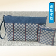 SC0180　【畳の縁で制作】クラッチバッグと名刺・カードケース（市松水色）