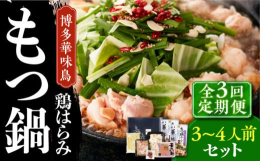 ※こちらは全3回お届けの定期便商品です。■本場、博多華味鳥の旨味をご家庭で。本場博多のもつ鍋に、水たき料亭「博多華味鳥」流のアレンジを加え、九州産銘柄鶏「華味鳥」のぷりっぷりのハラミと、新鮮なもつを組