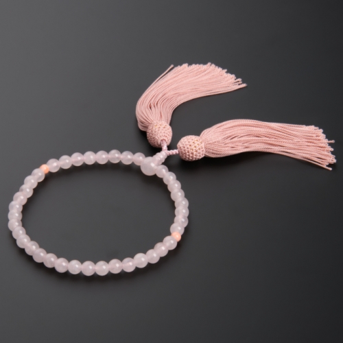 天然宝石珊瑚 ピンク珊瑚丸玉とローズクウォーツの片手数珠 数珠袋付き