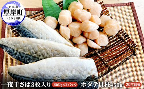 【緊急支援品】【中国禁輸施策応援品】一夜干さば2パック　ホタテ貝柱450g 魚貝類 干物 鯖 サバ 帆立 ホタテ 海の幸 つまみ ご飯 肴 焼き魚  987425 - 北海道厚岸町
