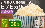 【定期便6ヵ月】熊本県菊池産 ヒノヒカリ 5分づき米 5kg もち麦入り雑穀米 200g 計31.2kg