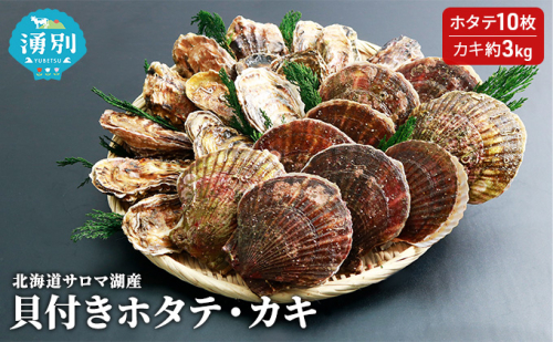 【国内消費拡大求む】先行予約 北海道サロマ湖産　貝付きホタテ10枚・カキ約3kg 魚貝類 かき 帆立 ほたて 海鮮 生牡蠣 牡蠣  99686 - 北海道湧別町