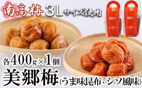 南高梅 梅干し 美郷梅 昆布 シソ風味 セット 各400g×1 3Lサイズ A級品 [農林産物直売所 美郷ノ蔵 宮崎県 美郷町 31ab0114] 国産 セット 詰め合わせ　 宮崎県産 美郷産 常温 送料無料 贈答品 父の日 母の日 プレゼント ギフト 食べ比べ 2種 贈り物 おやつ お菓子 調理 おかず 料理 普段使い 997357 - 宮崎県美郷町