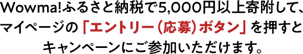 Wowma!ふるさと納税で5,000円以上寄付して、マイページの「エントリー(応募)ボタン」を押すとキャンペーンにご参加いただけます。