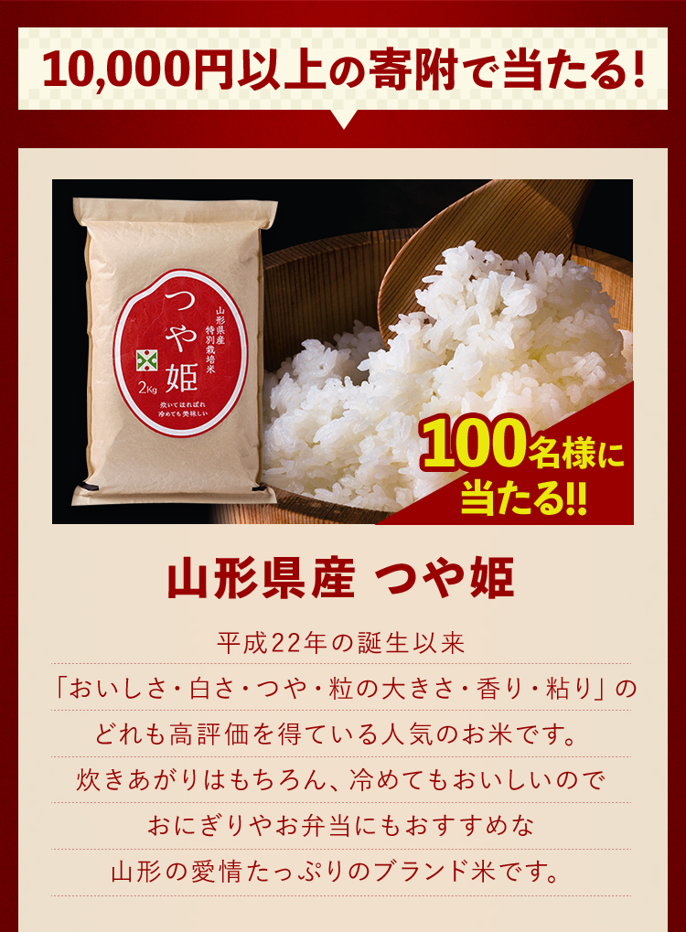 10,000円以上の寄附で 100名様に 当たる! 山形県産 つや姫