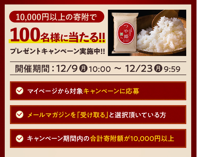 10,000円以上の寄附で100名様に当たる!プレゼントキャンペーン実施中! 開催期間:12/9(月)10:00~12/23(月)9:59