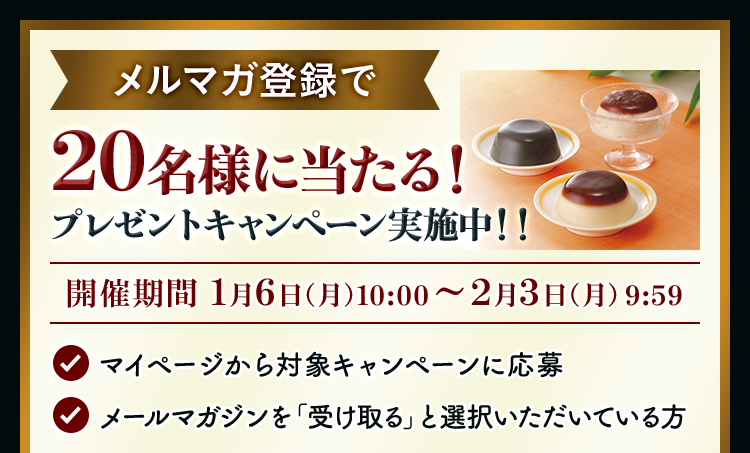 メルマガ登録で20名様に当たる!プレゼントキャンペーン実施中!! 開催期間 1月6日(月)10:00~2月3日(月)9:59