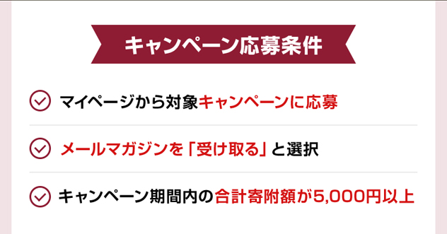 キャンペーン応募条件 ・マイページから対象キャンペーンに応募 ・メールマガジンを「受け取る」と選択 ・キャンペーン期間内の合計寄附額が5,000円以上