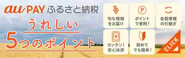 au PAY ふるさと納税 うれしい5つのポイント 旬な情報をお届け ポイント寄付！ 会員情報の引継ぎ カンタン安心決済！ 初めてでも簡単！