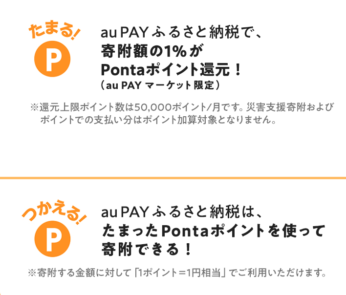 たまる!
au PAY ふるさと納税で、寄附額の1%がPontaポイント還元!
(au PAY マーケット限定)
※還元上限ポイント数は50,000ポイント/月です。災害支援寄附およびポイントでの支払い分はポイント加算対象となりません。
つかえる!
au PAY ふるさと納税は、たまったPontaポイントを使って寄附できる!
※寄附する金額に対して「1ポイント=1円相当」でご利用いただけます。