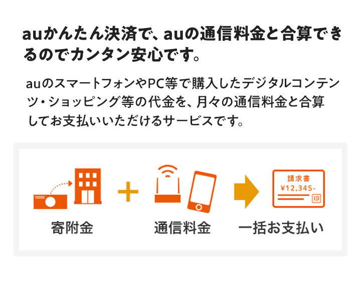 auかんたん決済で、auの通信料金と合算できるのでカンタン安心です。auのスマートフォンやPC等で購入したデジタルコンテンツ・ショッピング等の代金を、月々の通信料金と合算してお支払いいただけるサービスです。 寄附金 通信料金 一括お支払い