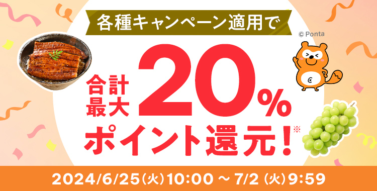 各種キャンペーン適用で合計最大20％ポイント還元！※ 2024/6/25（火）10:00 ～ 7/2（火）9:59