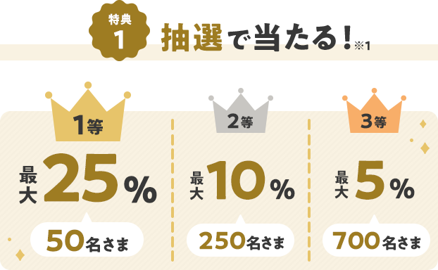 特典1 抽選で当たる！ ※1 1等 最大25% 50名さま 2等 最大10% 250名さま 3等 最大5% 700名さま