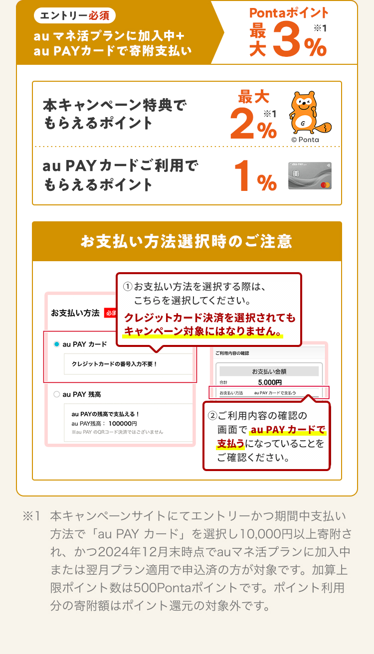 エントリー必須 au マネ活プランに加入中＋au PAY カードで寄附支払い Pontaポイント 最大3% ※1 本キャンペーン特典でもらえるポイント 最大2% ※1 au PAY カードご利用でもらえるポイント 最大1% お支払い方法選択時の注意 ①お支払い方法を選択する際は、「au PAY カード」を選択してください。それ以外の決済方法を選択されてもキャンペーン対象にはなりません。 ②ご利用内容の確認の画面で「au PAY カード」で支払うになっていることをご確認ください。 ※1 本キャンペーンサイトにてエントリーかつ期間中支払い方法で「au PAY カード」を選択し10,000円以上寄附され、かつ2024年12月末時点でauマネ活プランに加入中または翌月プラン適用で申込済の方が対象です。加算上限ポイント数は500Pontaポイントです。ポイント利用分の寄附額はポイント還元の対象外です。