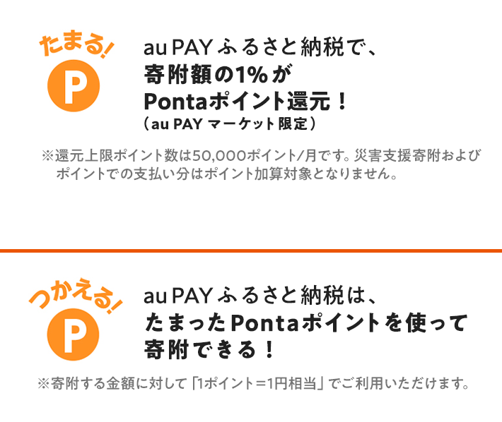 au PAY ふるさと納税で、寄附額の1%がPontaポイント還元！（au PAY マーケット限定）　au PAY ふるさと納税は、たまったPontaポイントを使って寄附できる！ 