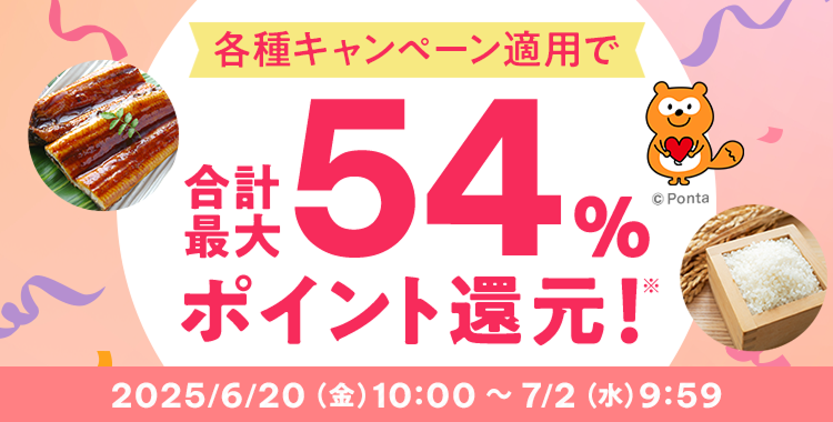 各種キャンペーン適用で 合計最大54%ポイント還元 2025/6/20(金)10:00 ~ 7/2(水)9:59