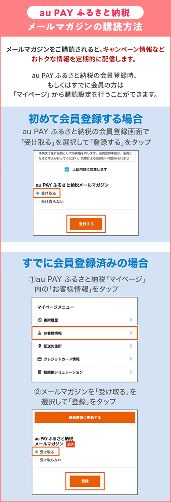 【au PAY ふるさと納税 メールマガジンの購読方法】メールマガジンを購読されると、キャンペーン情報などおトクな情報を定期的に配信します。au PAY ふるさと納税の会員登録時、もしくはすでに会員の方は「マイページ」から購読設定を行うことができます。初めて会員登録する場合 au PAY ふるさと納税の会員登録画面で「受け取る」を選択して「登録する」をタップ すでに会員登録済みの場合 ①au PAY ふるさと納税「マイページ」内の「お客様情報」をタップ ②メールマガジンを「受け取る」を選択して「登録」をタップ