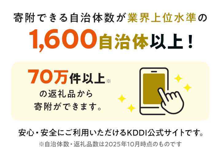 寄附できる自治体数が業界上位水準の1,600自治体以上!70万件以上※の返礼品から寄附ができます。安心・安全にご利用いただけるKDDI公式サイトです。※自治体数・返礼品数は2025年10月時点のものです。