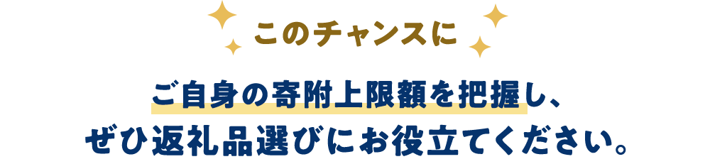 このチャンスに ご自身の寄附上限額を把握し、ぜひ返礼品選びにお役立てください。